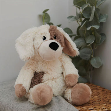 Cream soft toy puppy with brown patch over his eye