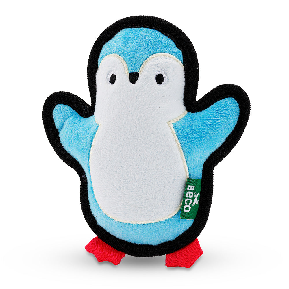 A plush dog toy in the shape of a penguin, in bright blue, white and with black piping all around the edge. The Beco logo is on a seam label and the penguin has small red feet.