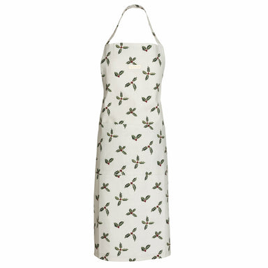 A white apron decorated with a repeating pattern of holly with berries. 