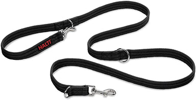 A close of up a black lead with silver clips. The Halti logo is in red at one end of the lead.