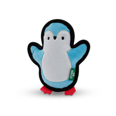 A plush dog toy in the shape of a penguin, in bright blue, white and with black piping all around the edge. The Beco logo is on a seam label and the penguin has small red feet.