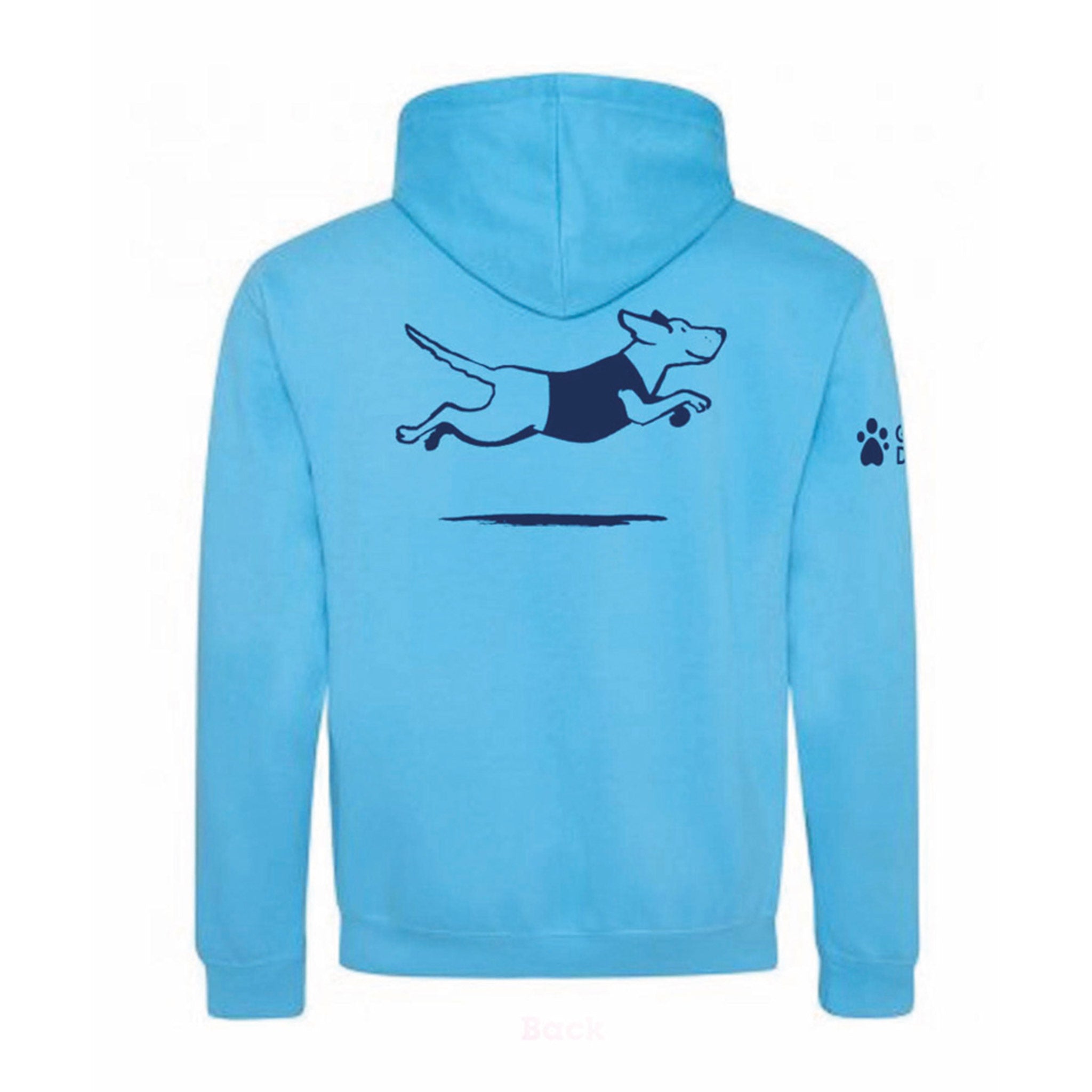 Image shows the back of a blue hoodie, there is leaping Labrador design printed on the front in dark blue and the Guide Dogs logo is printed on the right sleeve.