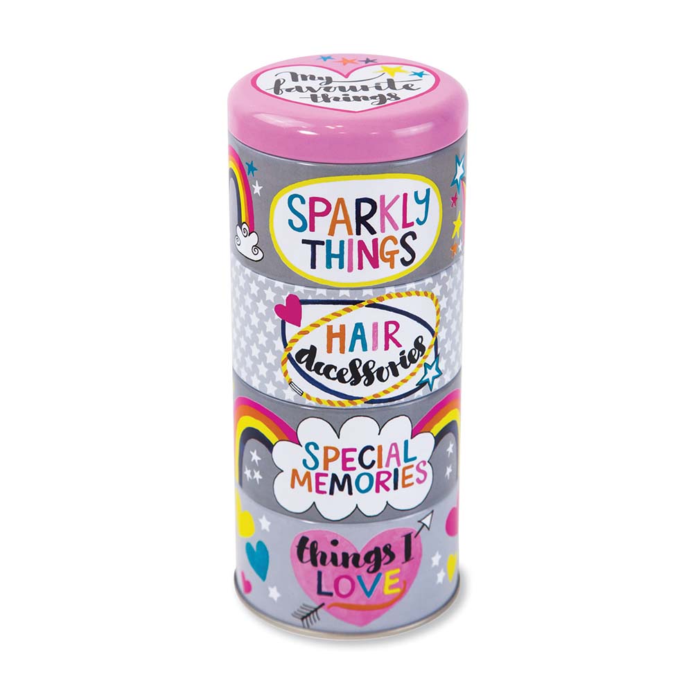 A round tall tin made up of four smaller tins which slot together, with pink lid
