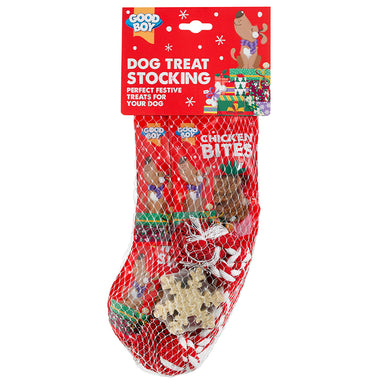 A stocking full of dog treats and a rope toy.