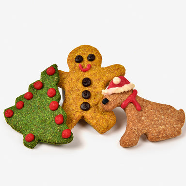 Three dog biscuits in festive shapes, a Christmas tree, gingerbread man and dog with a Santa hat.