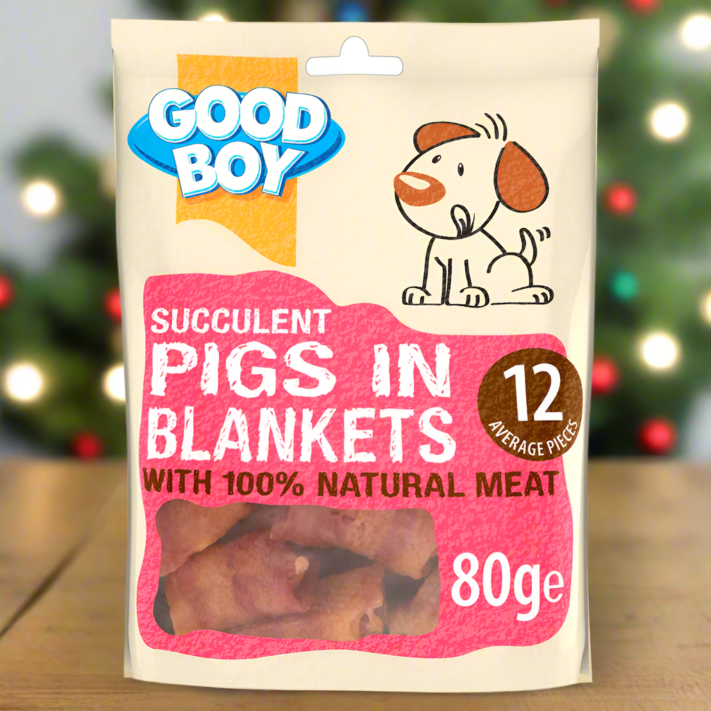 A bag of pigs in blankets from the brand Good Boy featuring a cartoon dog licking its lips and a window to view inside the pack.