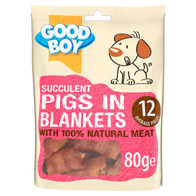 A bag of pigs in blankets from the brand Good Boy featuring a cartoon dog licking its lips and a window to view inside the pack.