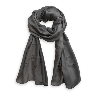 A dark grey scarf with black dog outline design repeated all over.