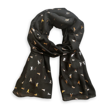 A black scarf with rose gold metallic dogs design repeated all over.