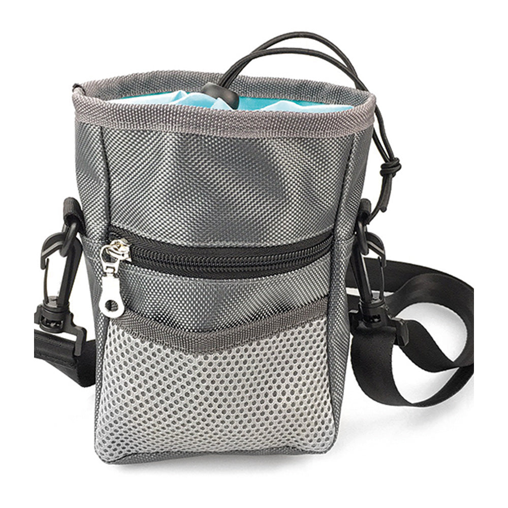 Front view of the grey dog treat bag with two front pockets, a black drawstring opening and black clip attached to the sides.