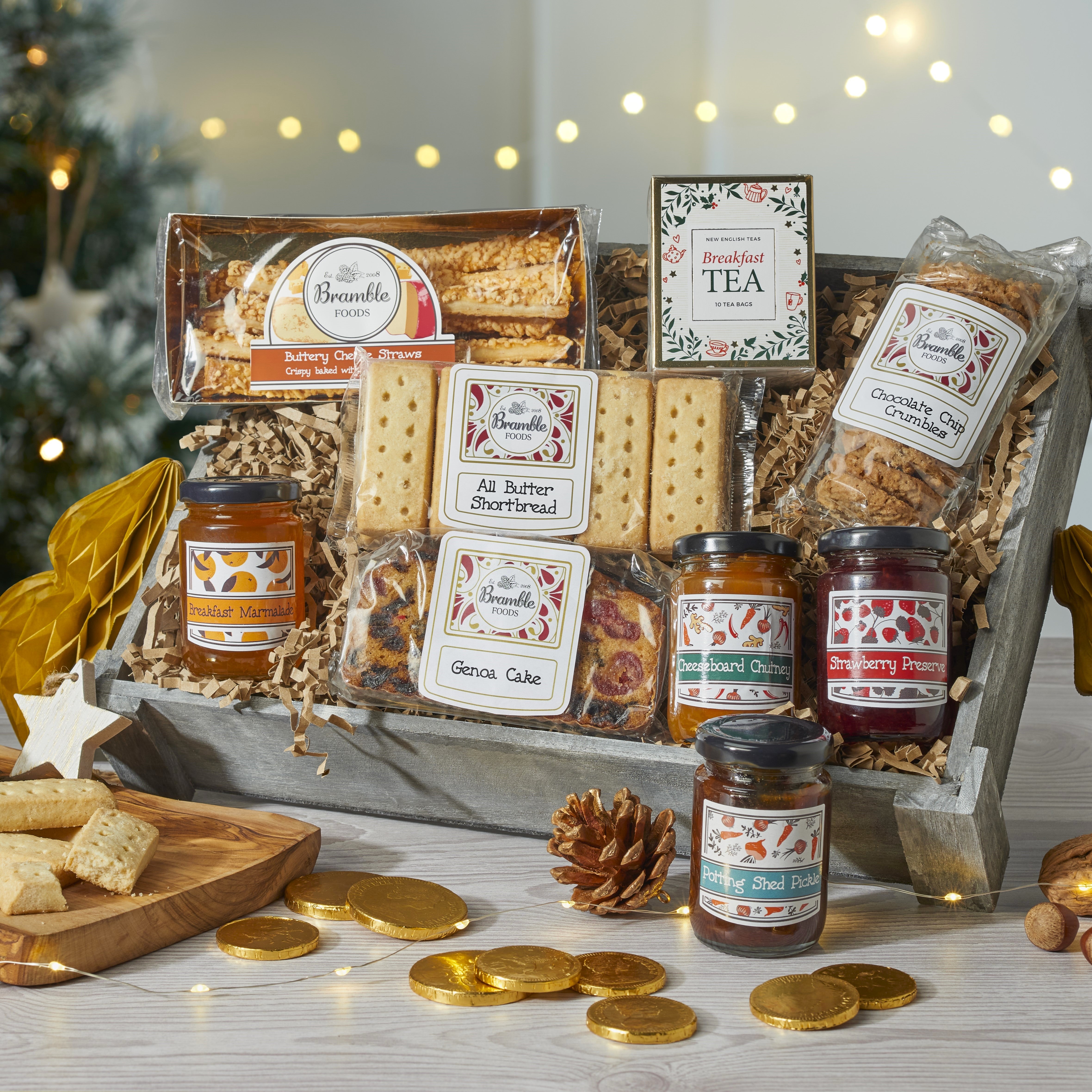 A wooden crate filled with lots of festive food.