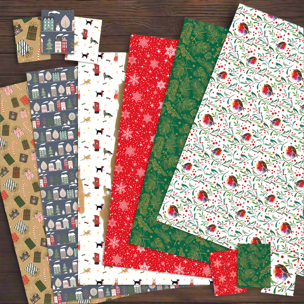 A selection of six different designs of wrapping paper and tags.