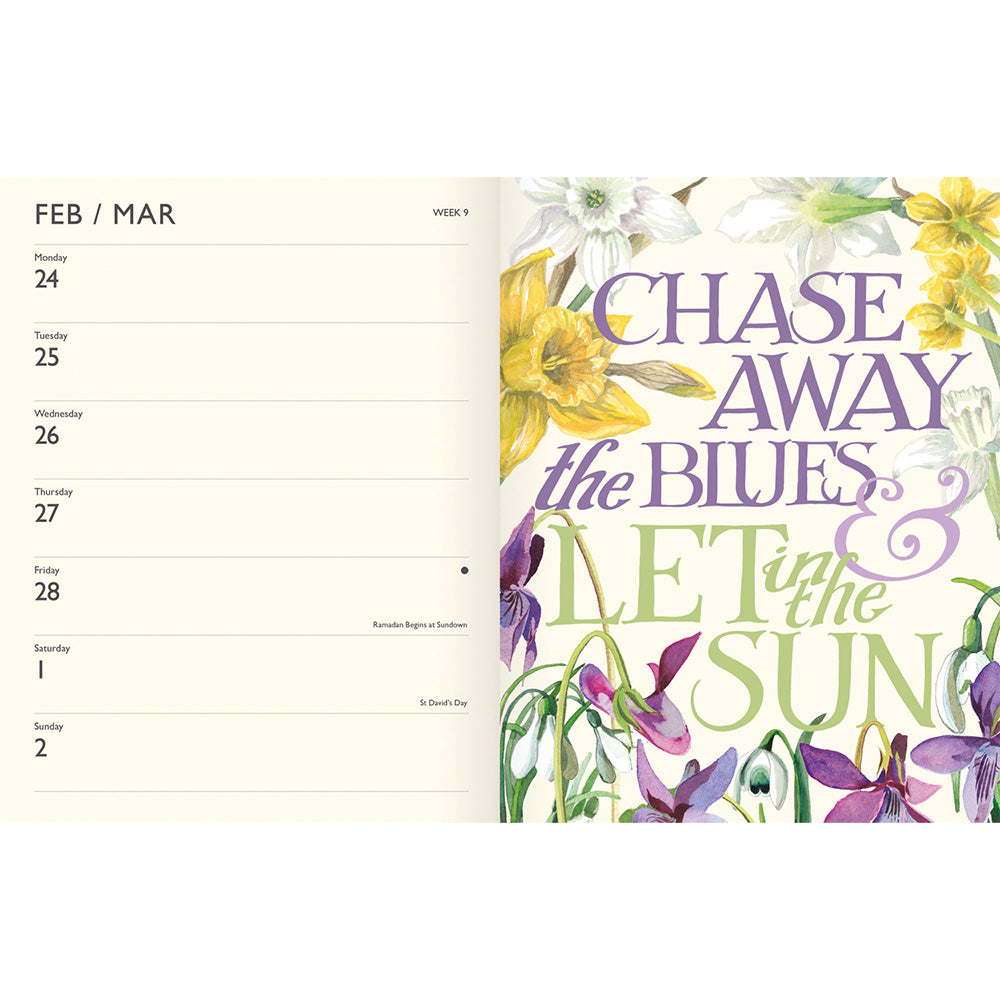 Internal pages showing 1 week with dates and 1 page with quotation 'Chase away the blues let in the sun' and flower illustrations