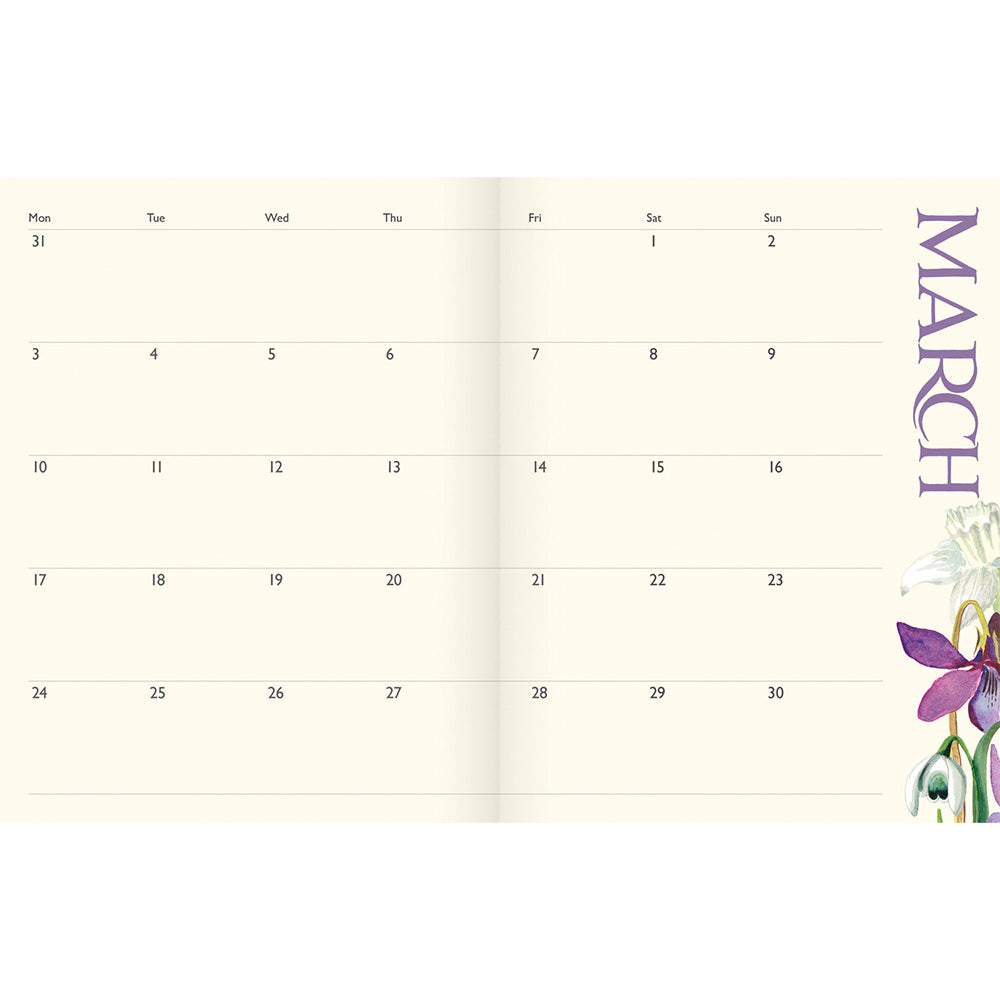 Internal double page spread showing the month of March with dates and a small illustration of flowers in the corner