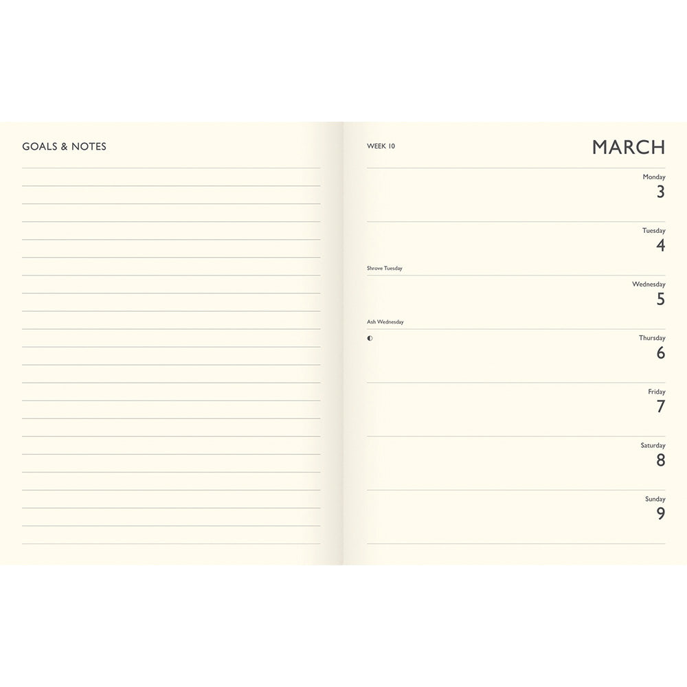 Double page spread on the left-hand side is a notes page, on the right-hand side is a week in March with dates