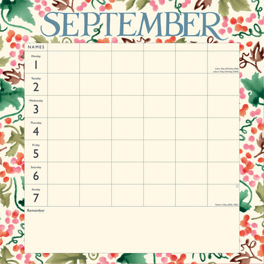 This example page features the first week of in September. There is room for six names and space at the bottom to write notes. The pattern has green and brown leaves with pink and red berries.