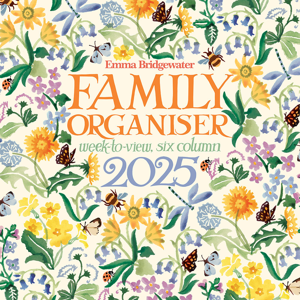 The Emma Bridgewater Family Organiser cover featuring an array of colourful flowers with butterflies and ladybirds