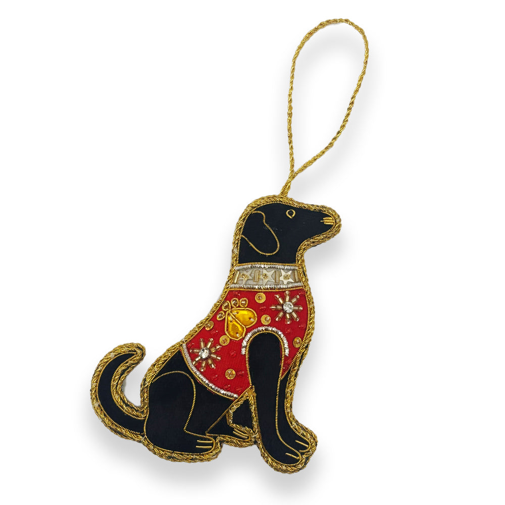 Black fabric Labrador decoration with hanging loop and red embellished jacket