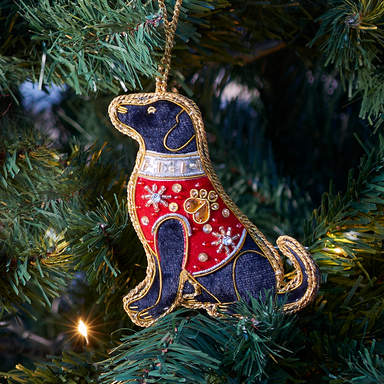 Black fabric Labrador decoration with hanging loop and red embellished jacket