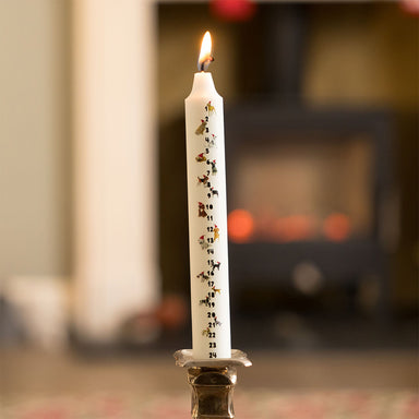 A lit white advent candle with numbers 1 to 24 down the front and small illustrations of different dog breeds.