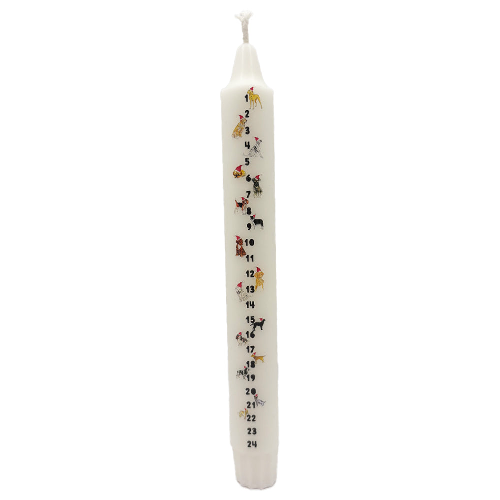 A white advent candle with numbers 1 to 24 down the front and small illustrations of different dog breeds.