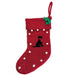 A red felt Christmas stocking with a black Labrador design.