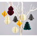 A selection of coloured paper Christmas tree decorations hang from white branches