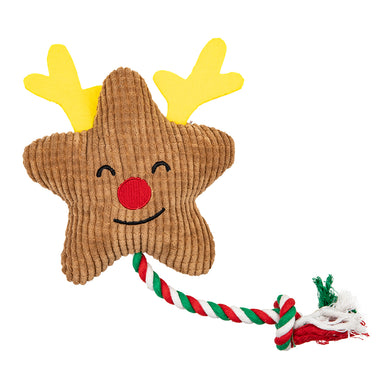 A brown star shaped dog toy with antlers and a red nose. It has a green, red and white rope.