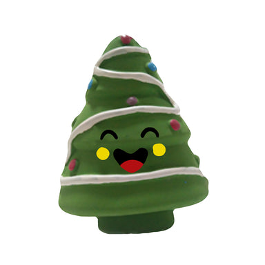 A Christmas tree shaped squeaky dog toy with a smiley face.