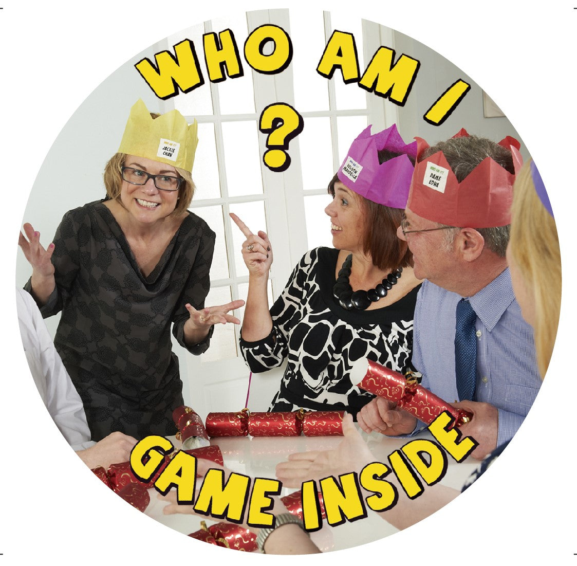 People wearing party hats are shown playing a Christmas game with the words Who Am I? game inside 