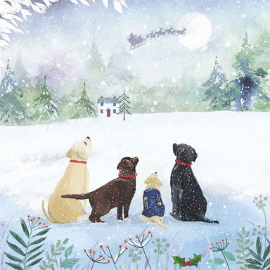 Four Labradors sitting in the snow watch Father Christmas's sleigh cross the moon.