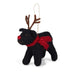 A knitted black Labrador decoration with reindeer antlers, red scarf and nose