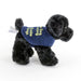 A close up of a Black Labrador cuddly toy with a blue Guide Dogs coat on. Size view.