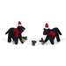 2 felt Labradors with red scarfs and Santa hats hold a string of 3 Christmas puddings on a white background