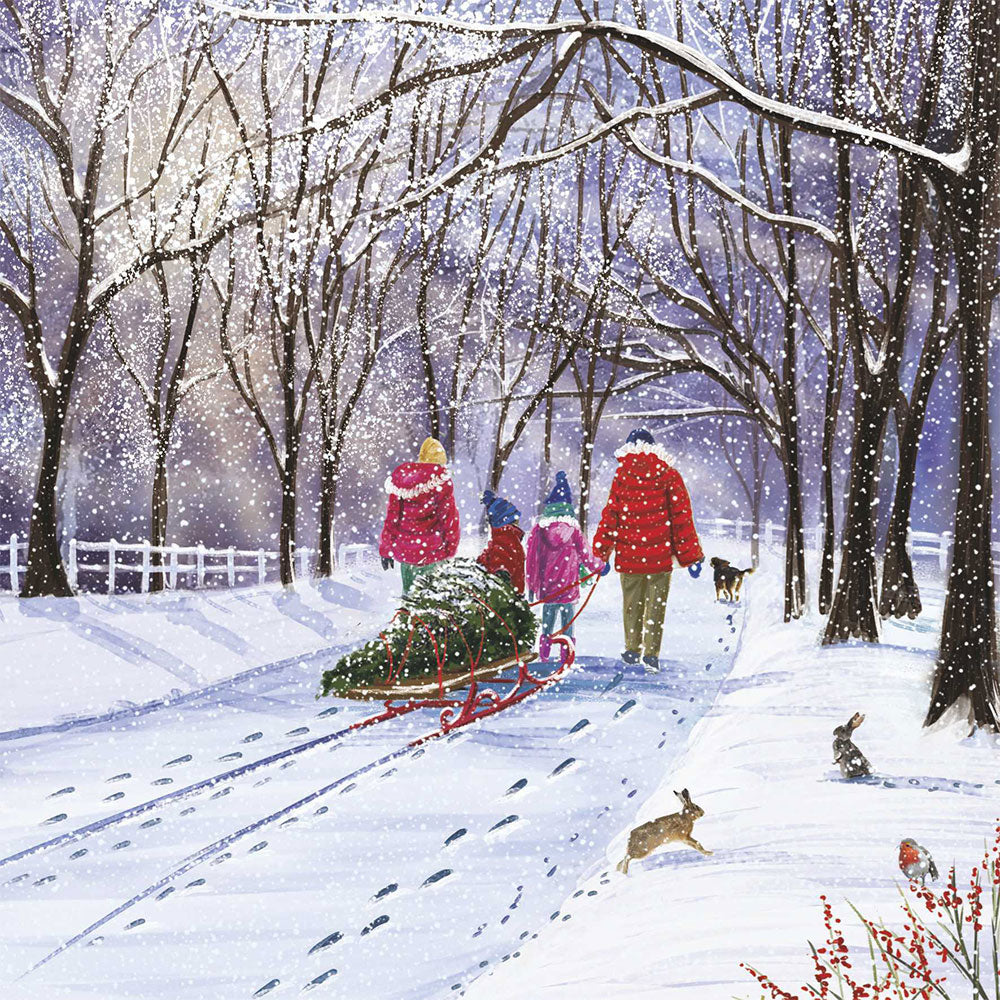 A family use a sledge to transport their Christmas tree along a snowy track. Their pet dog runs ahead of them.