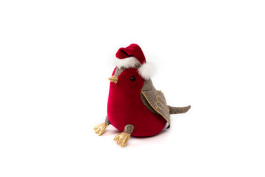 Robin shaped doorstop with red Santa hat
