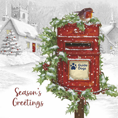 A red postbox engulfed in holly is shown alongside a 'Season's Greetings' message.