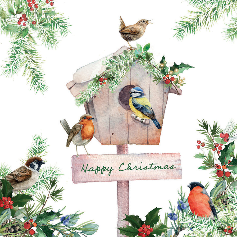 An illustration of five different kinds of bird perched on and around a bird house. There is foliage, berries and holly on the bird house and in the corners of the card. ‘Happy Christmas’ is written in green on a piece of wood directly below the bird house.