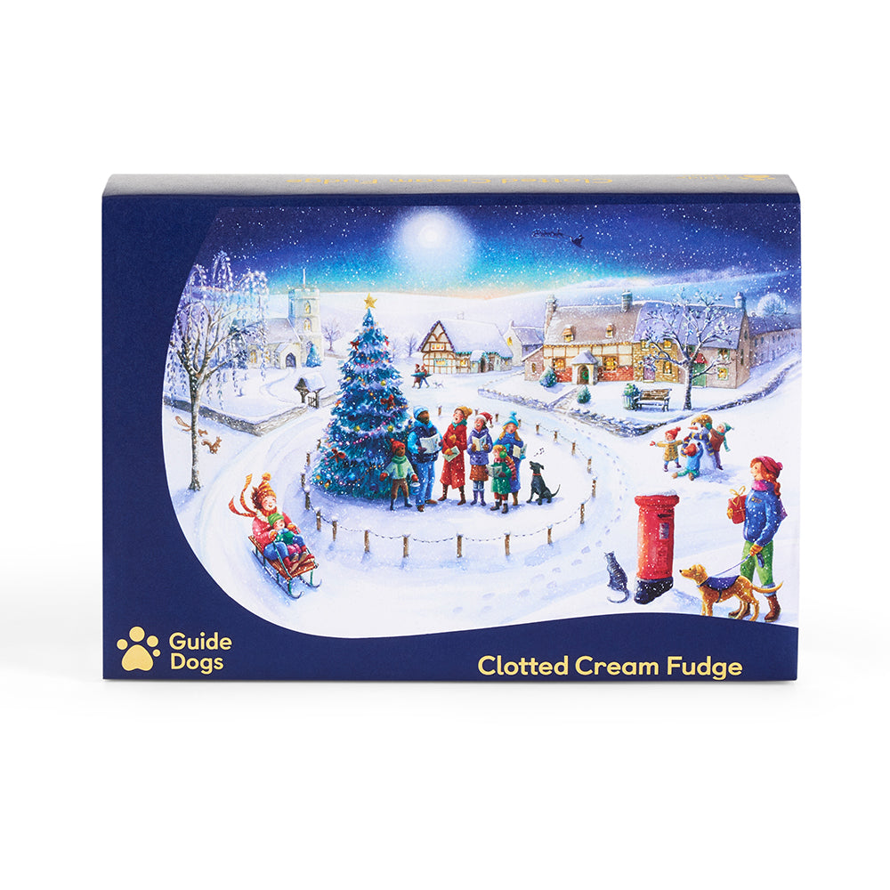 A packaging design of a village celebrating Christmas is wrapped around the Clotted Cream Fudge.