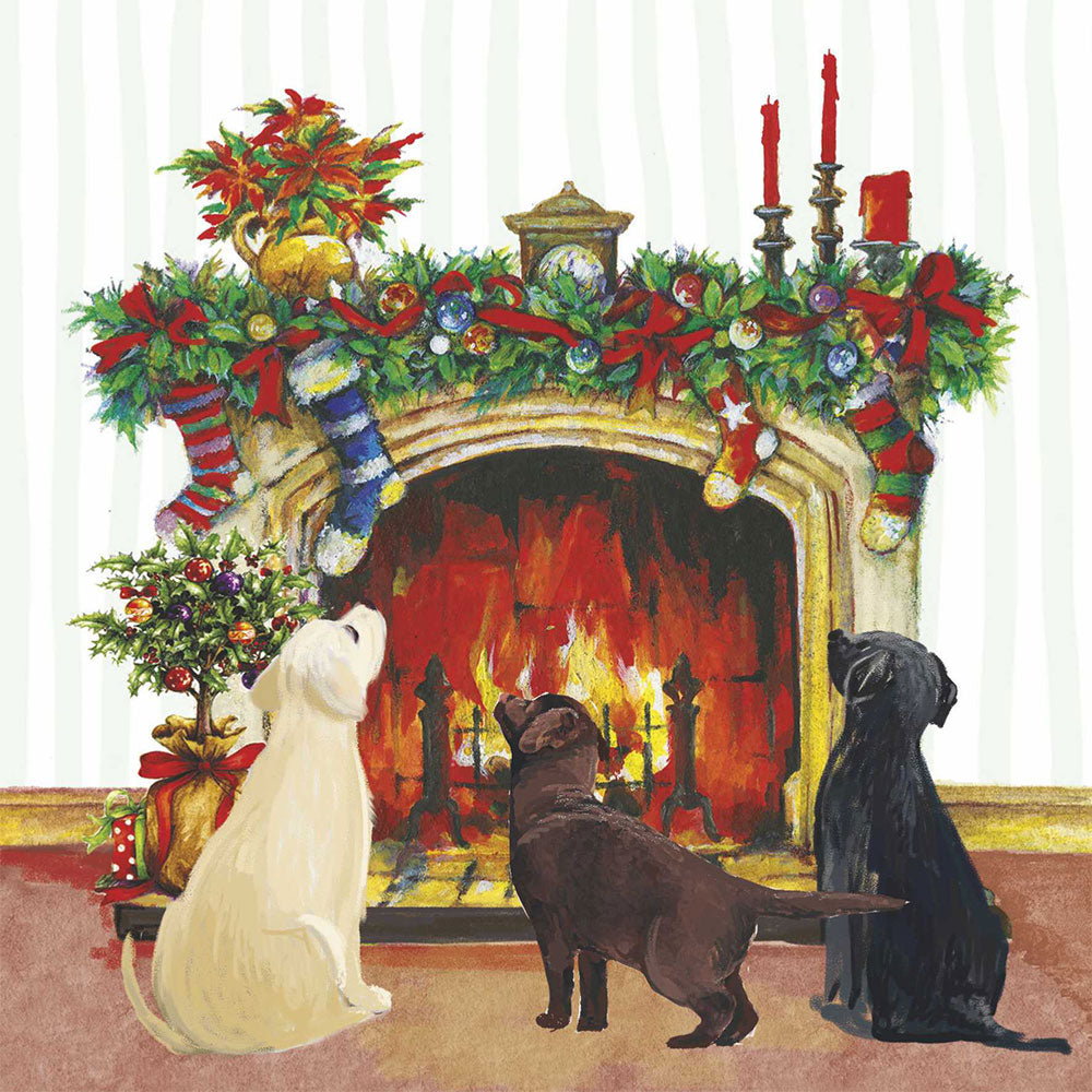 Three Labrador puppies sitting in front of a fire decorated for Christmas.