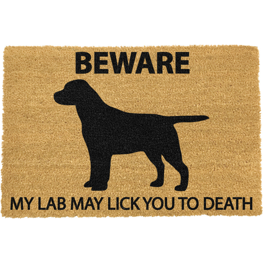 Coir doormat featuring the silhouette of a Black Labrador and the words 'Beware my lab may lick you to death'.