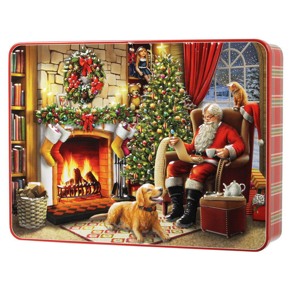 Biscuit tin featuring Santa sitting by the fire with a Labrador at his feet