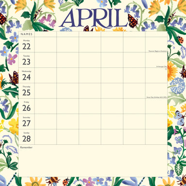 The month of April has vibrant blue and yellow flowers surrounding the Organiser grid