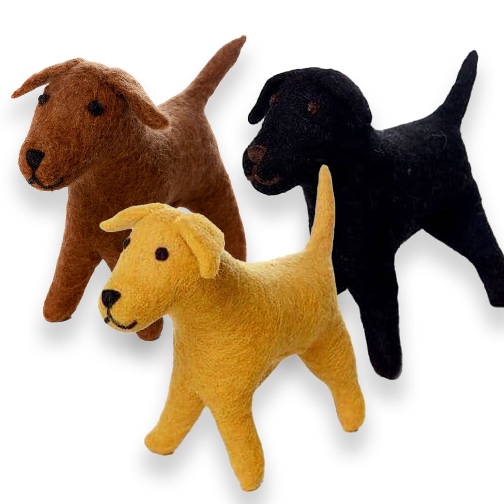 Three felt Labradors. One chocolate, one yellow and one black