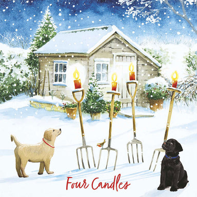 A black and golden Labrador look at the candles shining on the handles of four pitchforks. A message 'Four Candles' is spelled out in red.