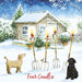 A black and golden Labrador look at the candles shining on the handles of four pitchforks. A message 'Four Candles' is spelled out in red.
