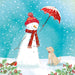 An illustration of a snowman wearing a red woolly hat and scarf, holding a red umbrella to protect a Yellow Labrador puppy from the snow. There is holly and berries in the bottom corners with a robin watching the scene.