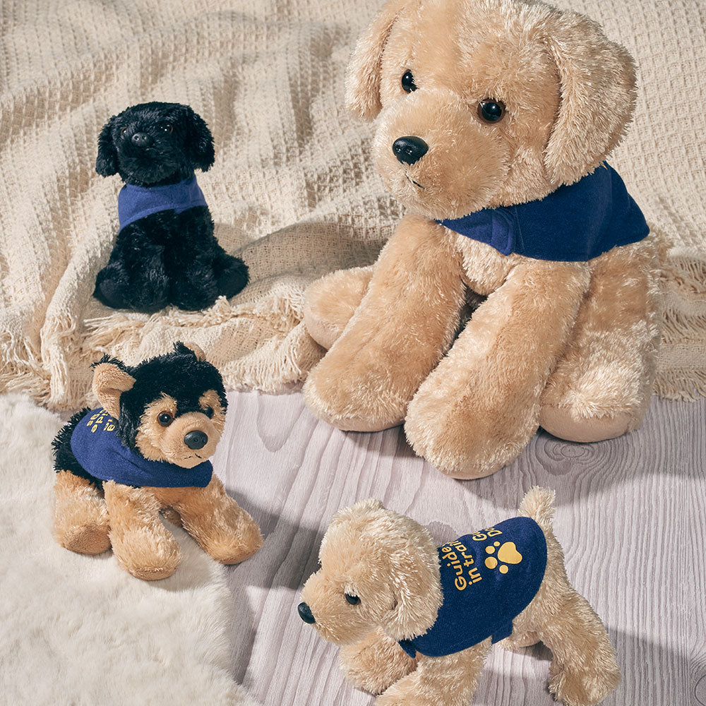A group shot of a Black Labrador, a small Golden Retriever, a large Golden Retriever and German Shepherd cuddly toys with blue Guide Dogs coats on.