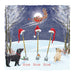 An illustration of three garden hoe tools in snow with Santa hats on top, with the phrase ‘Hoe Hoe Hoe’ appearing below. The spelling of Hoe is to match the garden tool, in jest of the common Christmas phrase ‘Ho Ho Ho’. The card also features a Black Labrador stood and Yellow Labrador sat by the tools watching Father Christmas and his reindeer in the night sky. 