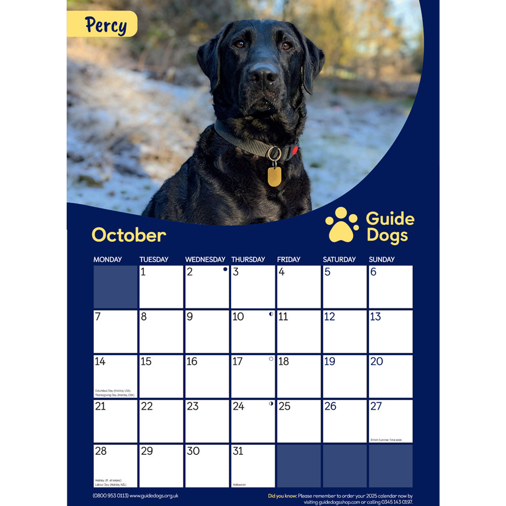 The inside of the Guide Dogs 2024 Wall Calendar. Percy the Black Labrador looks attentive for October.